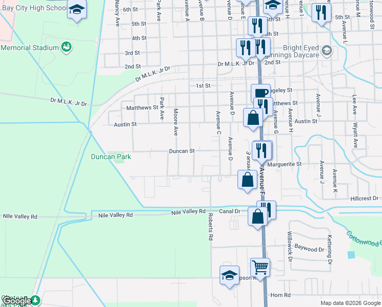 map of restaurants, bars, coffee shops, grocery stores, and more near 3200 Robinson Avenue in Bay City