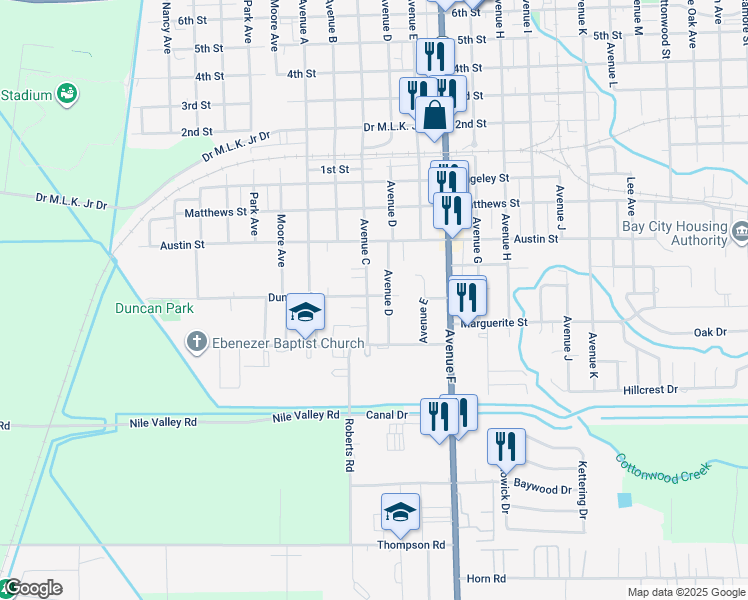map of restaurants, bars, coffee shops, grocery stores, and more near 3201 Avenue C in Bay City