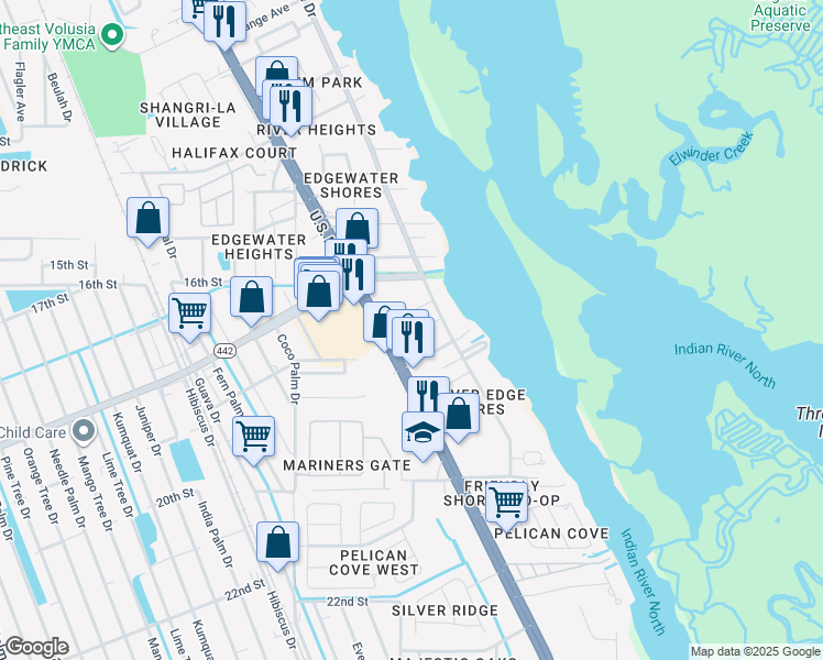 map of restaurants, bars, coffee shops, grocery stores, and more near 1906 South Riverside Drive in Edgewater
