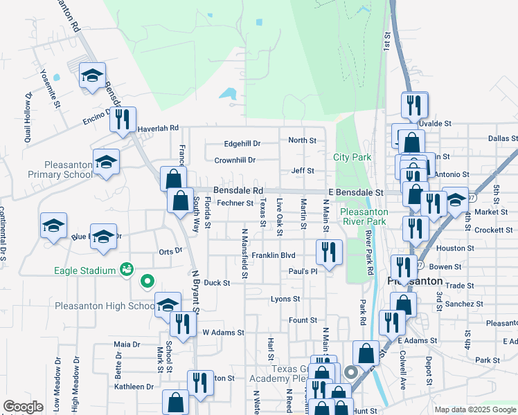 map of restaurants, bars, coffee shops, grocery stores, and more near 1215 Texas Street in Pleasanton