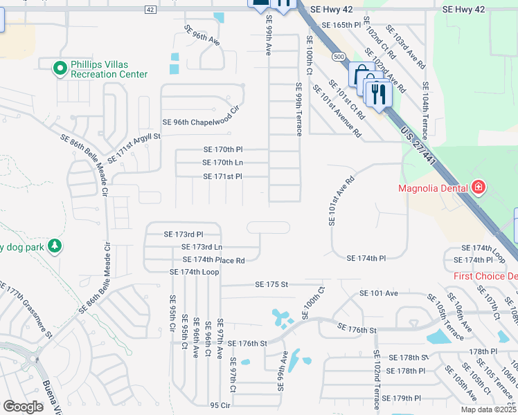 map of restaurants, bars, coffee shops, grocery stores, and more near 17240 Southeast 99th Avenue in Summerfield