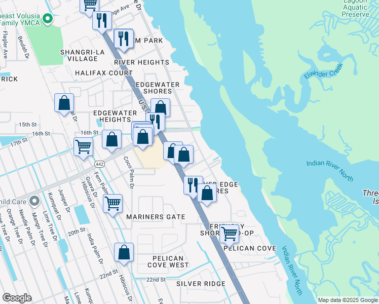map of restaurants, bars, coffee shops, grocery stores, and more near 1906 South Riverside Drive in Edgewater
