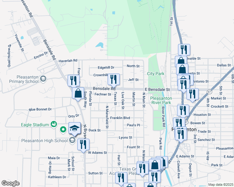 map of restaurants, bars, coffee shops, grocery stores, and more near 1215 Texas Street in Pleasanton