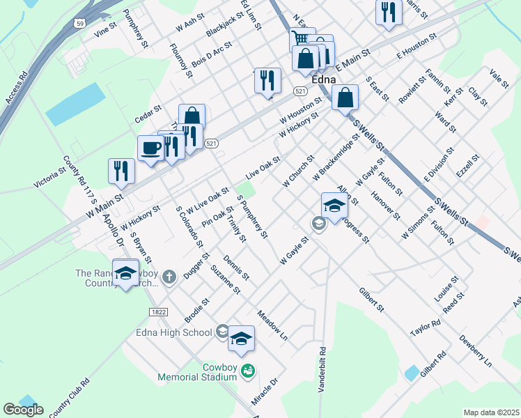 map of restaurants, bars, coffee shops, grocery stores, and more near 708 West Brackenridge Street in Edna