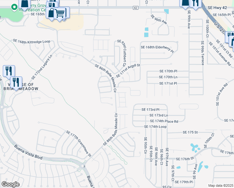 map of restaurants, bars, coffee shops, grocery stores, and more near 17216 Southeast 93rd Heyward Avenue in The Villages