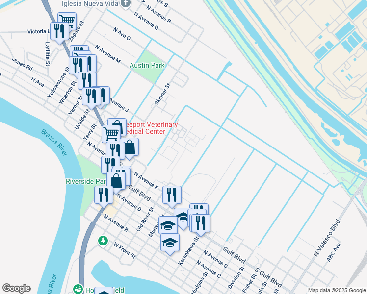 map of restaurants, bars, coffee shops, grocery stores, and more near 905 North Avenue J in Freeport