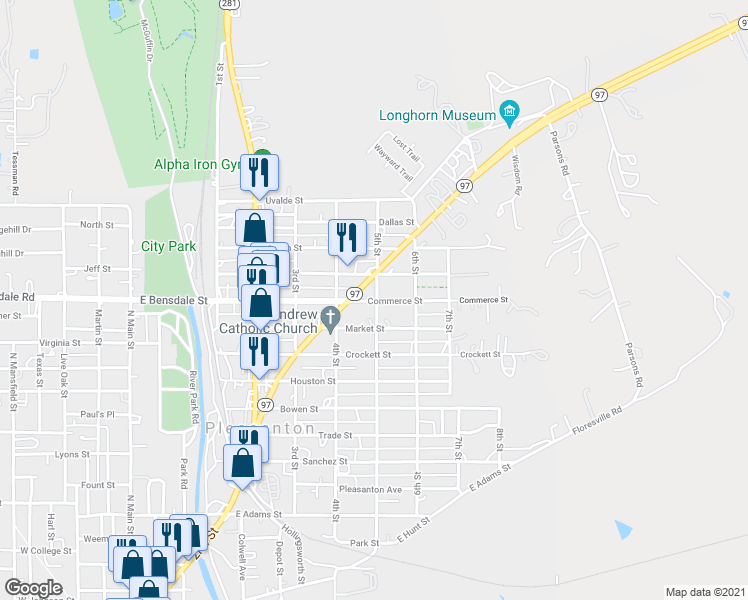 map of restaurants, bars, coffee shops, grocery stores, and more near 737 Commerce Street in Pleasanton
