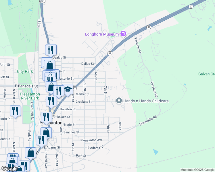 map of restaurants, bars, coffee shops, grocery stores, and more near 1427 7th Street in Pleasanton