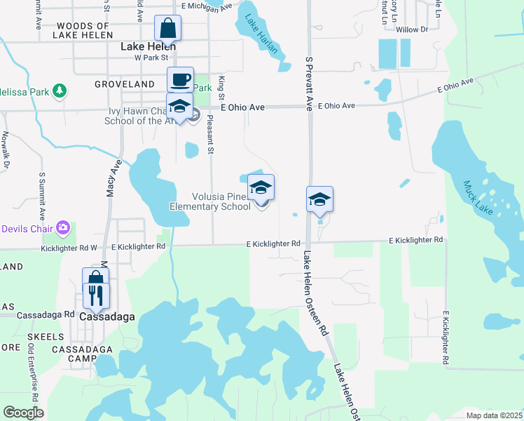 map of restaurants, bars, coffee shops, grocery stores, and more near 500 East Kicklighter Road in Lake Helen