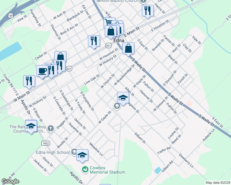 map of restaurants, bars, coffee shops, grocery stores, and more near 410 Progress Street in Edna