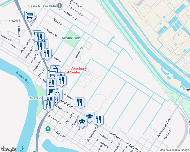 map of restaurants, bars, coffee shops, grocery stores, and more near 850 J Avenue in Freeport