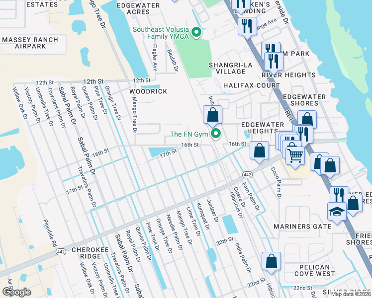 map of restaurants, bars, coffee shops, grocery stores, and more near 1703 Kumquat Drive in Edgewater