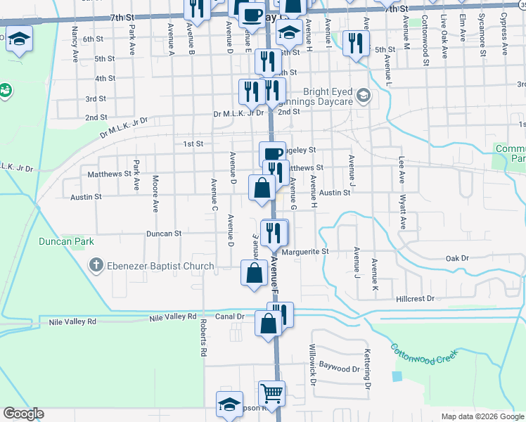 map of restaurants, bars, coffee shops, grocery stores, and more near 3104 Avenue F in Bay City