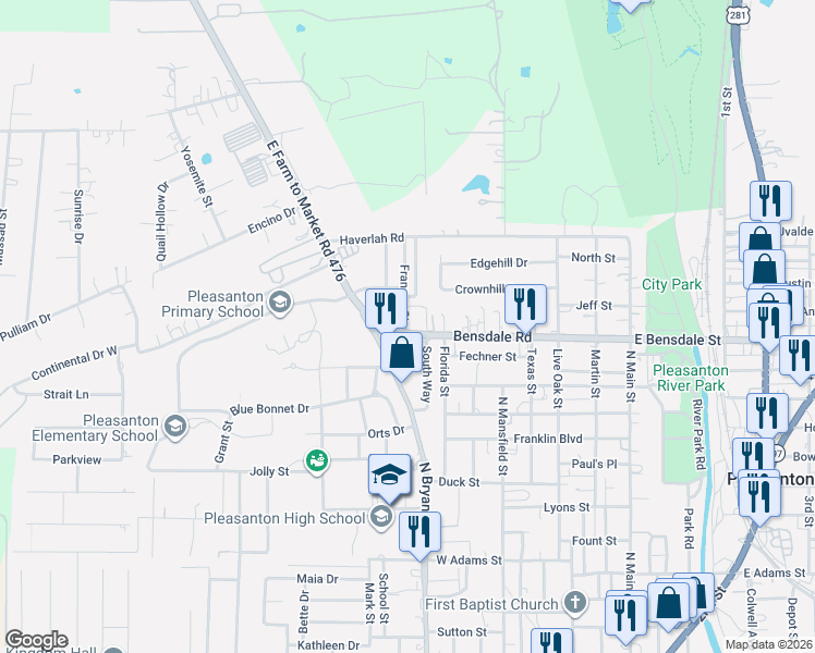 map of restaurants, bars, coffee shops, grocery stores, and more near 1408 Frances Avenue in Pleasanton