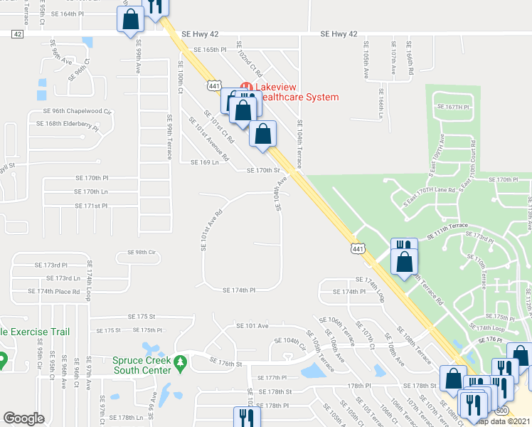 map of restaurants, bars, coffee shops, grocery stores, and more near 17160 Southeast 104th Avenue in Summerfield