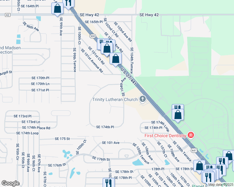 map of restaurants, bars, coffee shops, grocery stores, and more near 17160 Southeast 104th Avenue in Summerfield