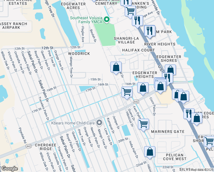map of restaurants, bars, coffee shops, grocery stores, and more near 1608 India Palm Drive in Edgewater