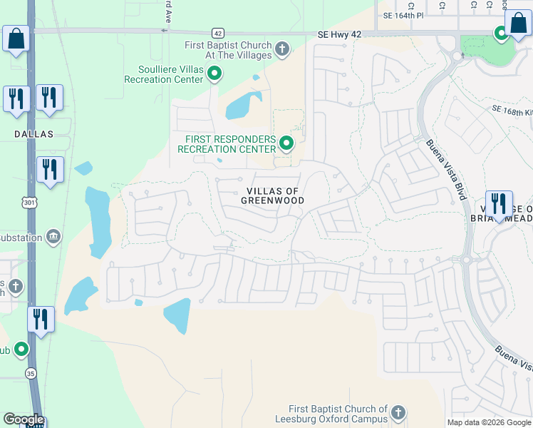 map of restaurants, bars, coffee shops, grocery stores, and more near Southeast 172nd Fieldcrest Street in The Villages