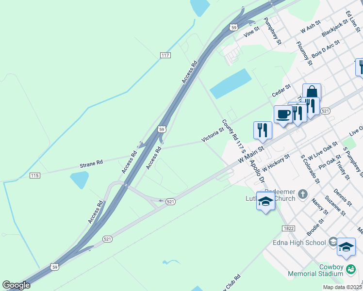 map of restaurants, bars, coffee shops, grocery stores, and more near Victoria Street in Edna