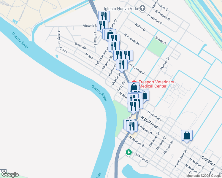 map of restaurants, bars, coffee shops, grocery stores, and more near 1523 North Avenue F in Freeport