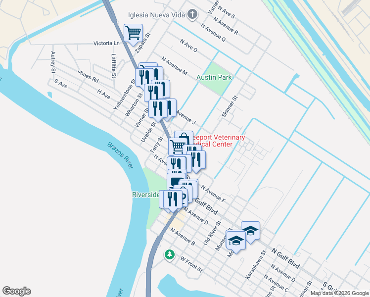 map of restaurants, bars, coffee shops, grocery stores, and more near 1200 North Avenue H in Freeport