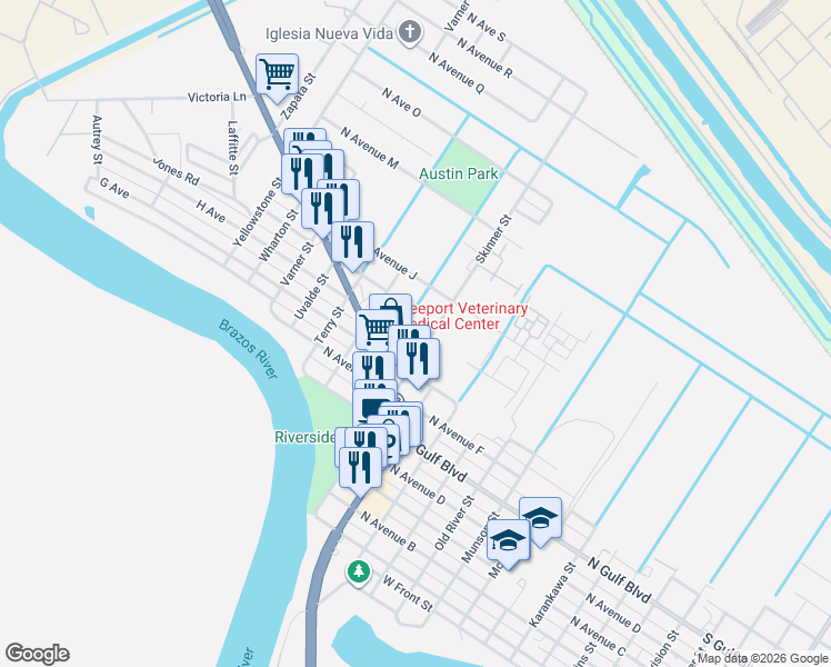 map of restaurants, bars, coffee shops, grocery stores, and more near 1200 North Avenue H in Freeport