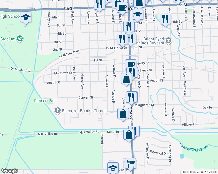 map of restaurants, bars, coffee shops, grocery stores, and more near 3017 Avenue C in Bay City
