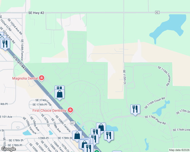 map of restaurants, bars, coffee shops, grocery stores, and more near 17112 Southeast 111th Terrace Road in Marion County