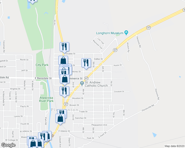 map of restaurants, bars, coffee shops, grocery stores, and more near 733 Commerce Street in Pleasanton