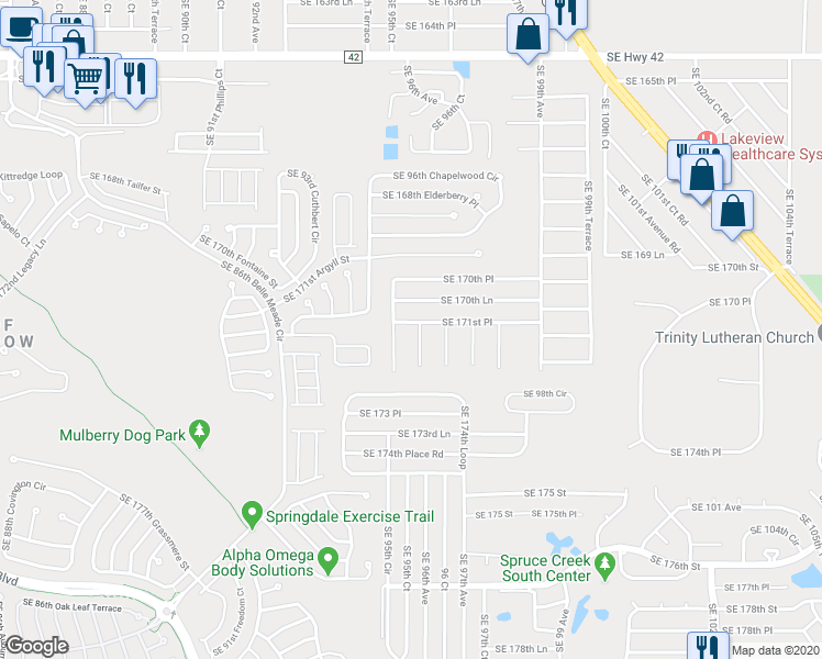 map of restaurants, bars, coffee shops, grocery stores, and more near 9588 Southeast 171st Place in Summerfield
