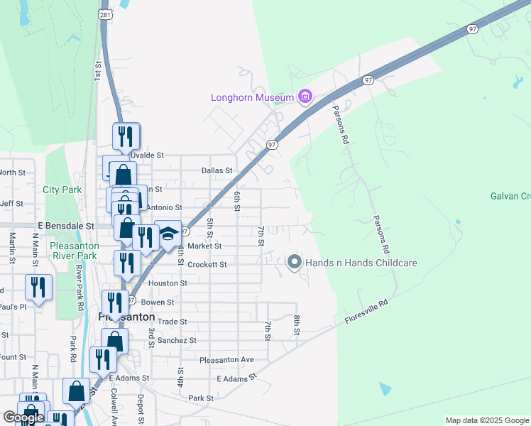 map of restaurants, bars, coffee shops, grocery stores, and more near 1427 7th Street in Pleasanton