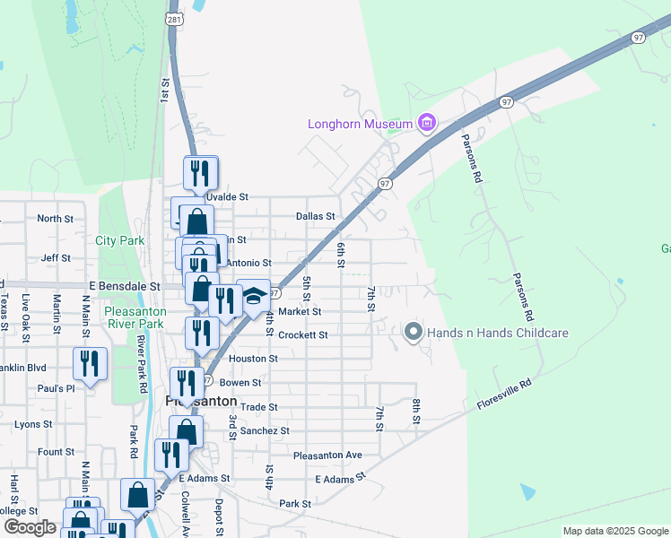 map of restaurants, bars, coffee shops, grocery stores, and more near 832 San Antonio Street in Pleasanton