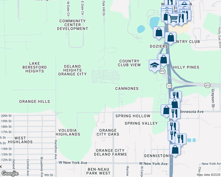map of restaurants, bars, coffee shops, grocery stores, and more near 3101 North Sparkman Avenue in Orange City