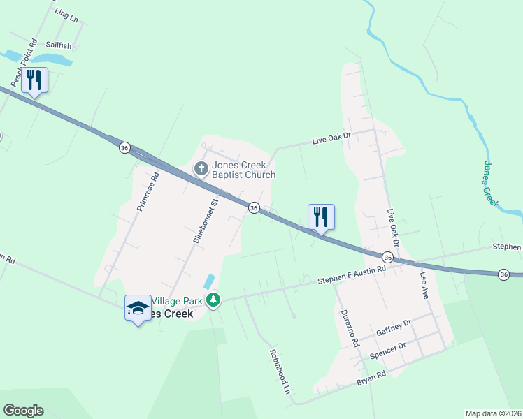 map of restaurants, bars, coffee shops, grocery stores, and more near 7102 Texas 36 in Jones Creek