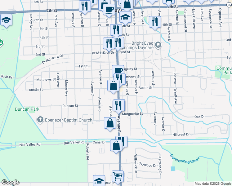 map of restaurants, bars, coffee shops, grocery stores, and more near 3104 Avenue F in Bay City