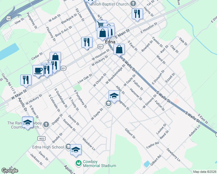 map of restaurants, bars, coffee shops, grocery stores, and more near 410 Progress Street in Edna