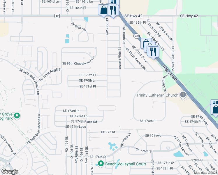 map of restaurants, bars, coffee shops, grocery stores, and more near 17891 Southeast 99th Avenue in Summerfield