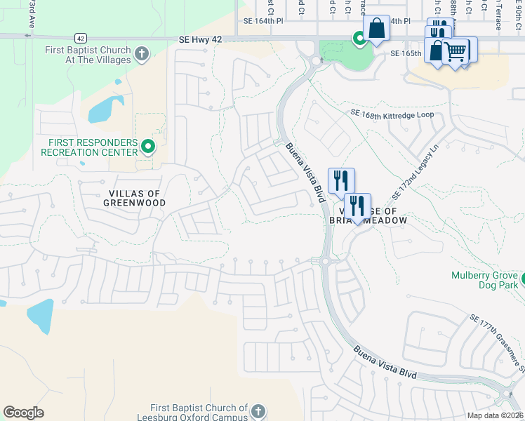 map of restaurants, bars, coffee shops, grocery stores, and more near 17140 Southeast 79th McLawren Terrace in The Villages