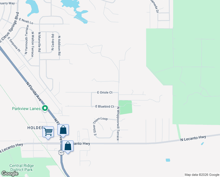 map of restaurants, bars, coffee shops, grocery stores, and more near 1381 East Oriole Court in Hernando