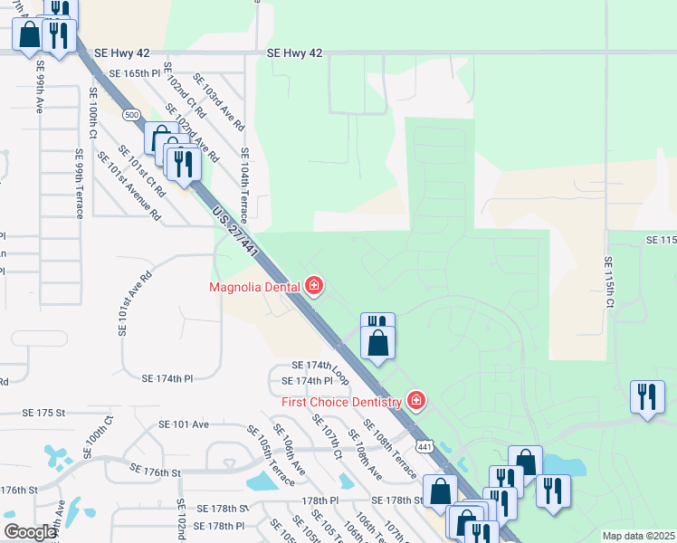 map of restaurants, bars, coffee shops, grocery stores, and more near 17201 Southeast 109th Terrace Road in Marion County