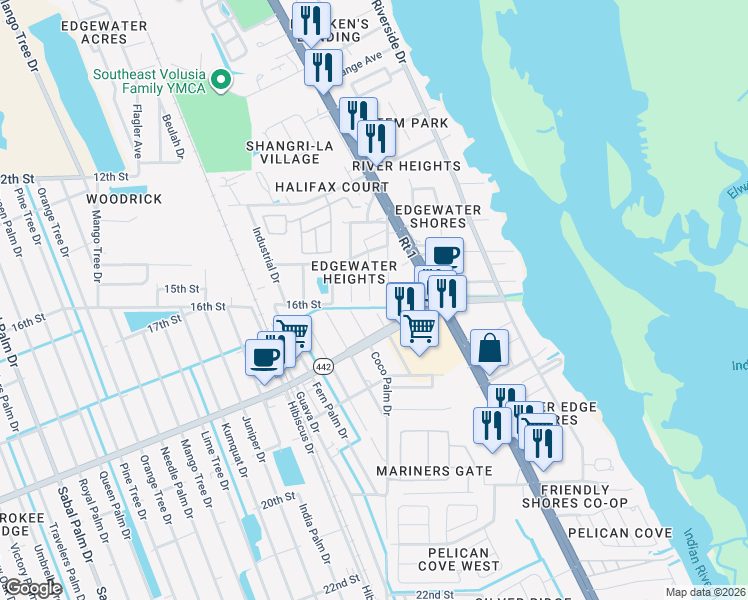 map of restaurants, bars, coffee shops, grocery stores, and more near 1811 Coco Palm Drive in Edgewater