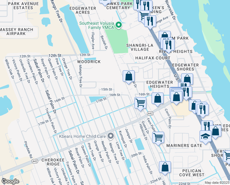 map of restaurants, bars, coffee shops, grocery stores, and more near 1608 India Palm Drive in Edgewater
