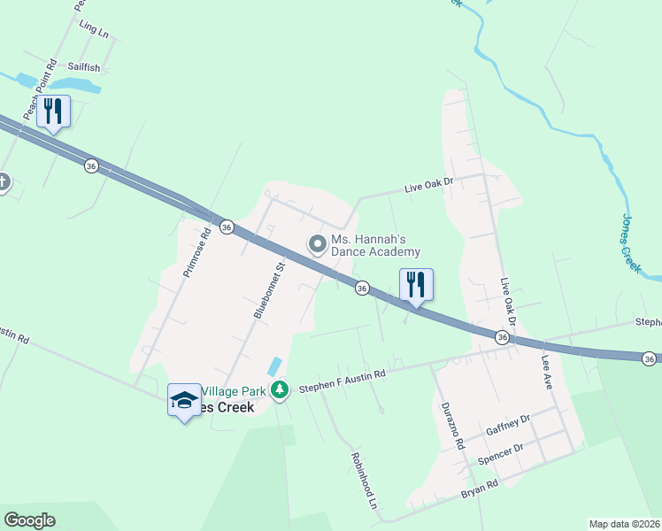 map of restaurants, bars, coffee shops, grocery stores, and more near 7102 Texas 36 in Jones Creek
