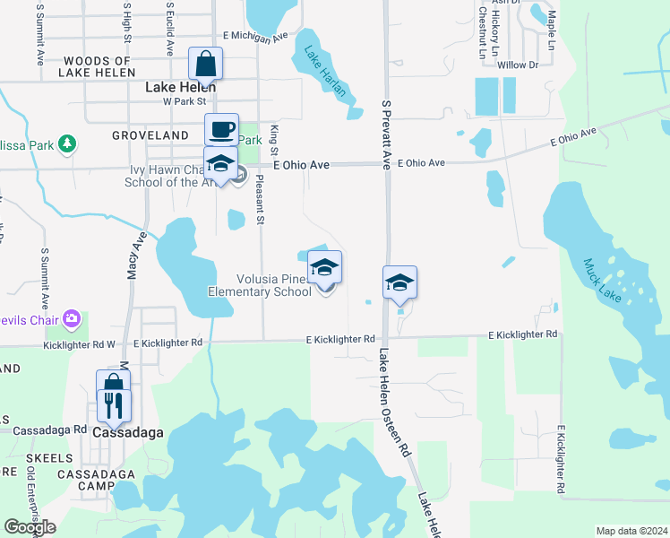 map of restaurants, bars, coffee shops, grocery stores, and more near 500 East Kicklighter Road in Lake Helen