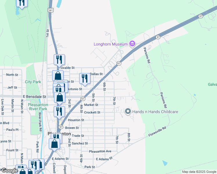 map of restaurants, bars, coffee shops, grocery stores, and more near 832 San Antonio Street in Pleasanton