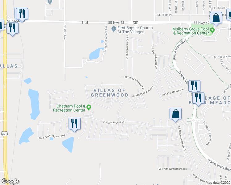 map of restaurants, bars, coffee shops, grocery stores, and more near 17135 Southeast 76th Boxbury Court in The Villages