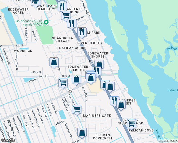 map of restaurants, bars, coffee shops, grocery stores, and more near 1730 South Ridgewood Avenue in Edgewater