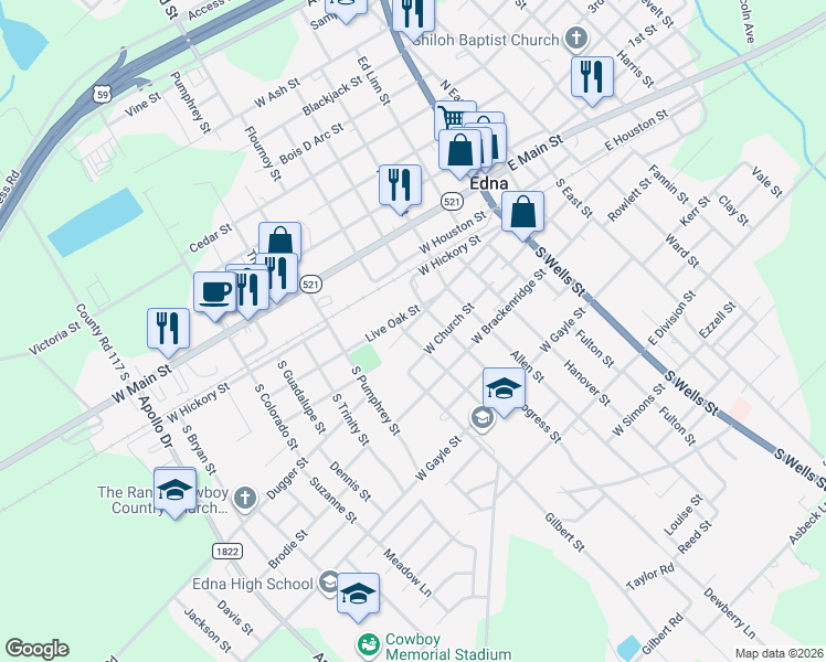 map of restaurants, bars, coffee shops, grocery stores, and more near 508 Live Oak Street in Edna