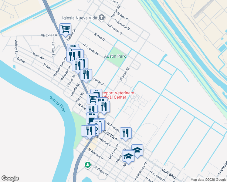 map of restaurants, bars, coffee shops, grocery stores, and more near Skinner Street in Freeport
