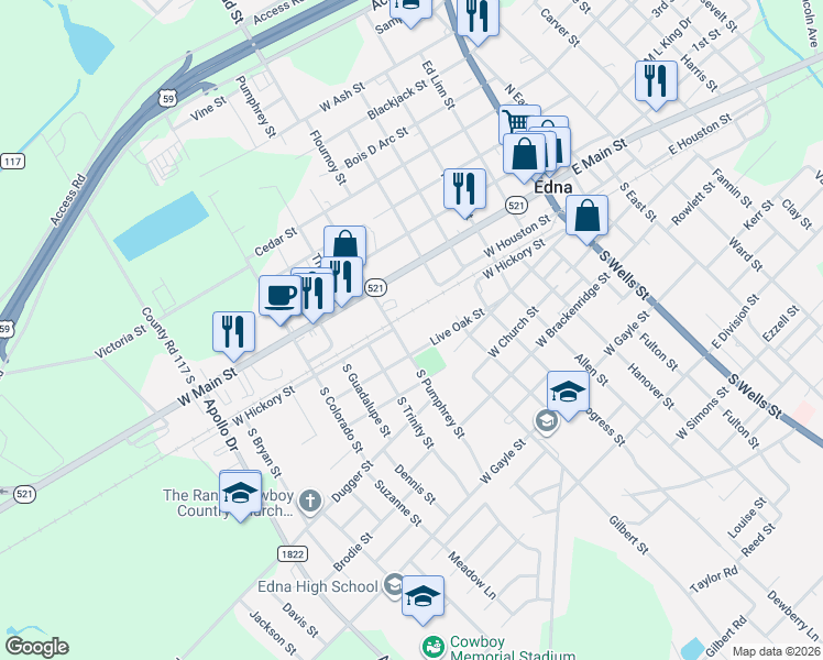 map of restaurants, bars, coffee shops, grocery stores, and more near 602 West Live Oak Street in Edna